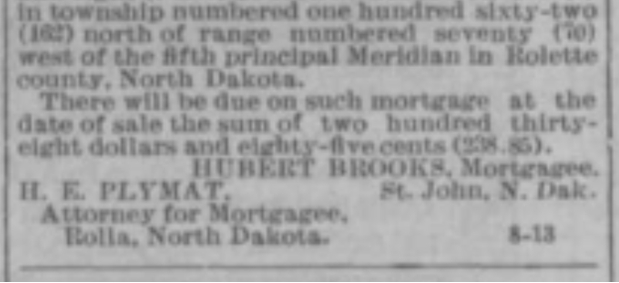 Notice Prt 2 of Mortgage Sale in Turtle Mountain Star newspaper Nov 28 1912  